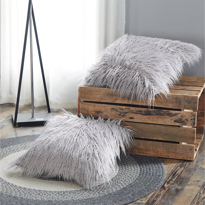Karenne FauxFur Throw Pillow Covers (Set of 2), NO INSERT - 20" x 20" - Silver Cloud