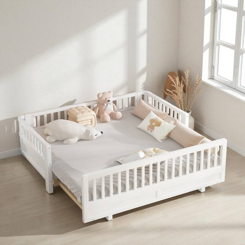 Convertible Twin/Twin XL Solid Wood Platform Bed with Guardrails, Expands to Double Twin or Queen Size, Durable Frame