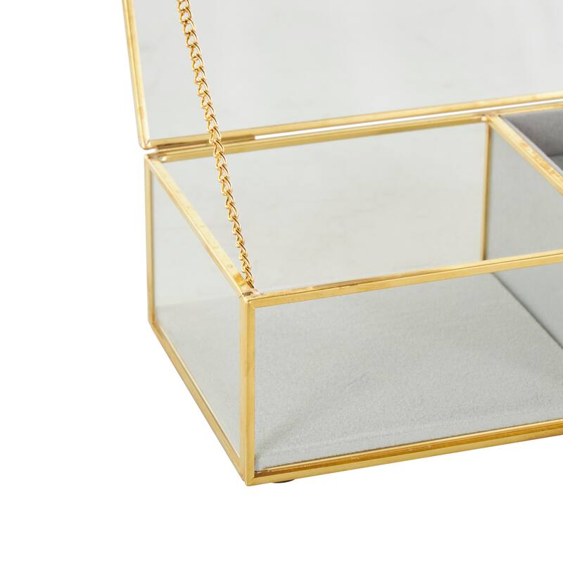 Clear Glass Jewelry Box with Gold Metal Frame and Gray Fabric Interior with Ring Slots