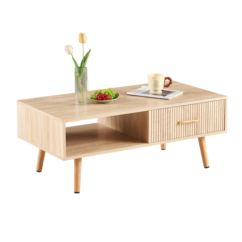 Rectangle Coffee Table with Solid Wood Legs, Sliding Drawer for Storage, Modern Table