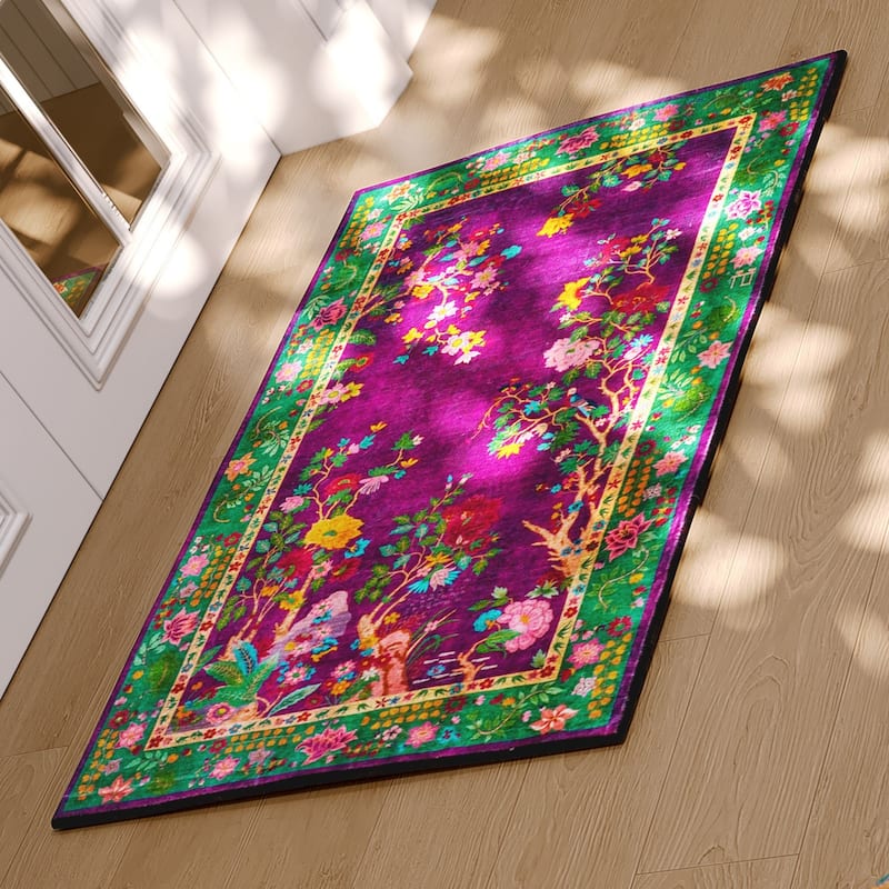 Rustic Floral Abstract Indoor Rug Purple Anti-slip & Washable