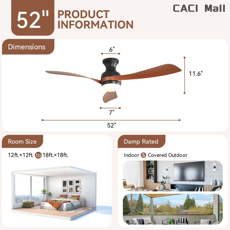 52/60 Inch Ceiling Fan with Integrated LED Light and Remote Control Quiet DC Motor