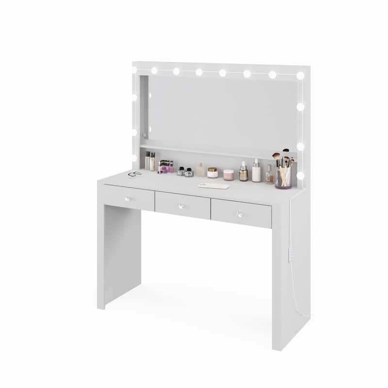 Boahaus Makeup Vanity Table Modern White 3 Drawers Light Bulbs Crystal Knobs