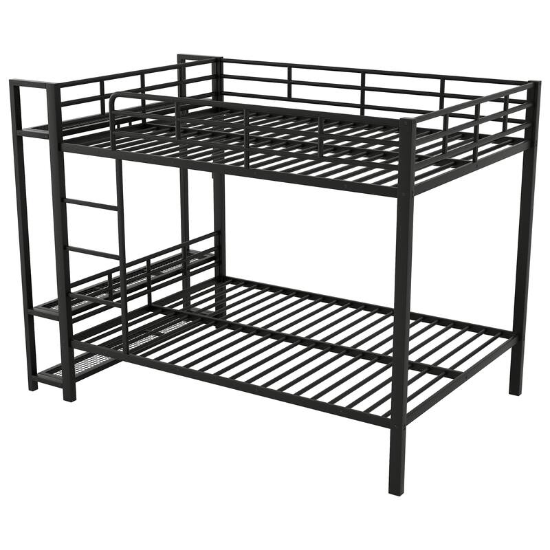 Full Size Metal Bunk Bed with Storage Mesh Shelves and Clothes Hooks,LED Light