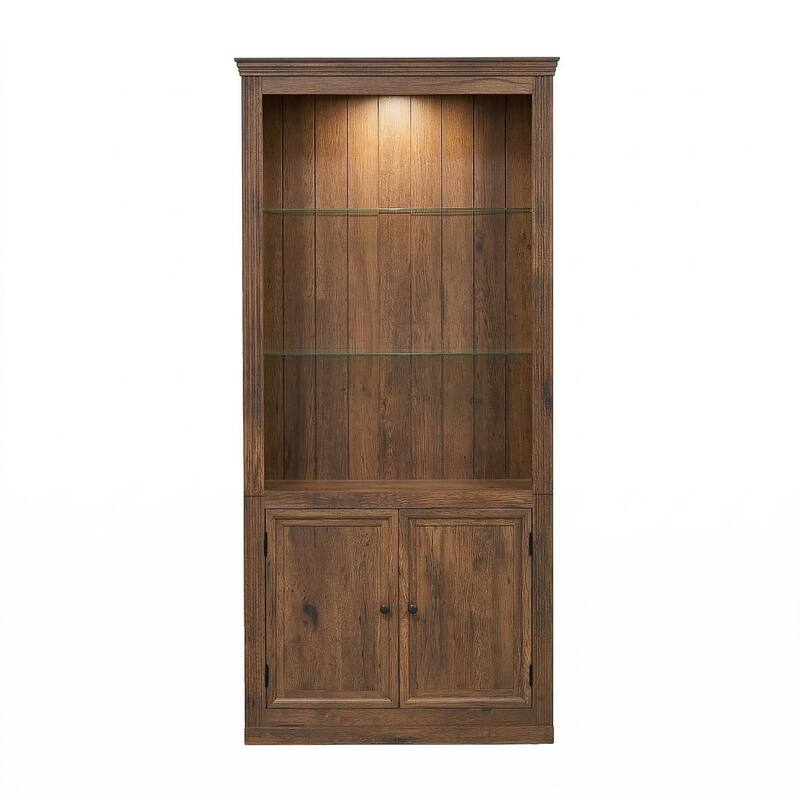 78.75"4-Tier Display Shelf,with LED Ceiling Warm Light,Freestanding with Storage & Doors,Bookshelf with Adjustable Glass Shelves