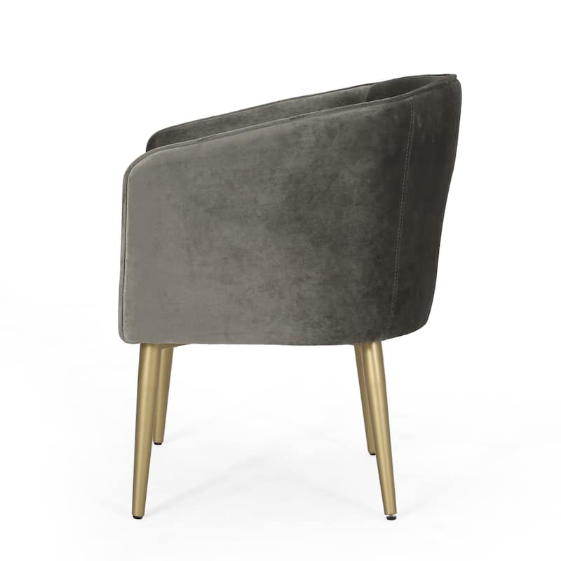 Dining Armchair, Round Button Tufted Backrest, Gray Velvet, Gold Legs