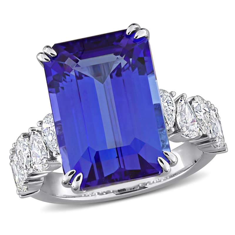Miadora 11 4/5ct TGW Emerald Cut Tanzanite 1 1/2ct TDW Pear Diamond Cocktail Ring in 14k White Gold
