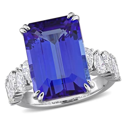Miadora 11 4/5ct TGW Emerald Cut Tanzanite 1 1/2ct TDW Pear Diamond Cocktail Ring in 14k White Gold