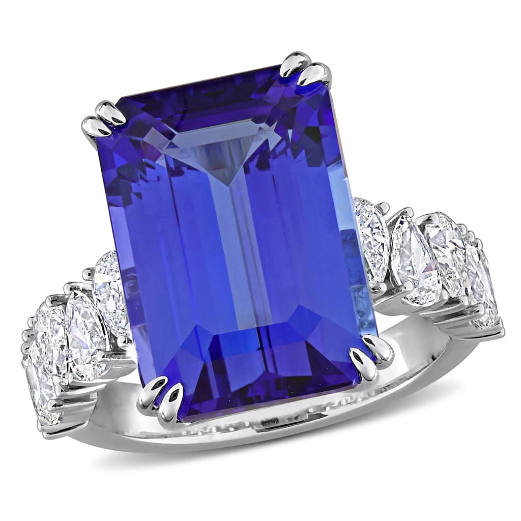 Miadora 11 4/5ct TGW Emerald Cut Tanzanite 1 1/2ct TDW Pear Diamond Cocktail Ring in 14k White Gold