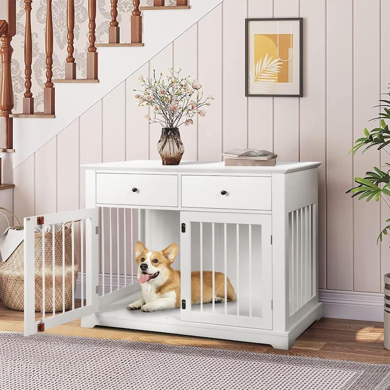 BOSSIN 44 Inch Large Dog Crate Furniture, Wooden Dog Kennel End Table with Storage Drawers, Decorative Pet Crates Dog House