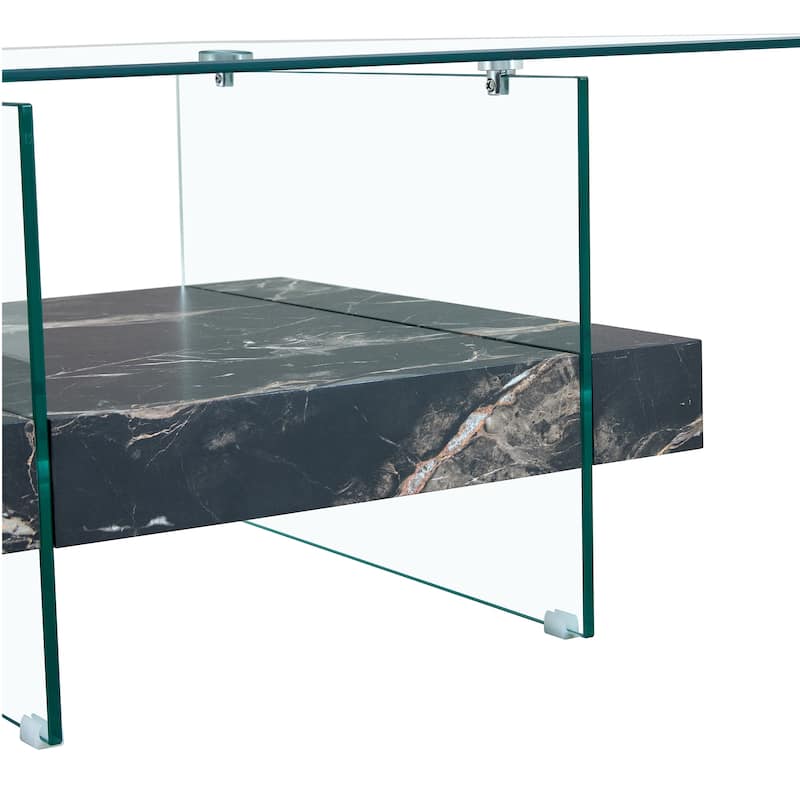 Roomfitters Square Glass Coffee Table with Walnut Finish, Two-Tier Modern Accent Table for Compact Spaces