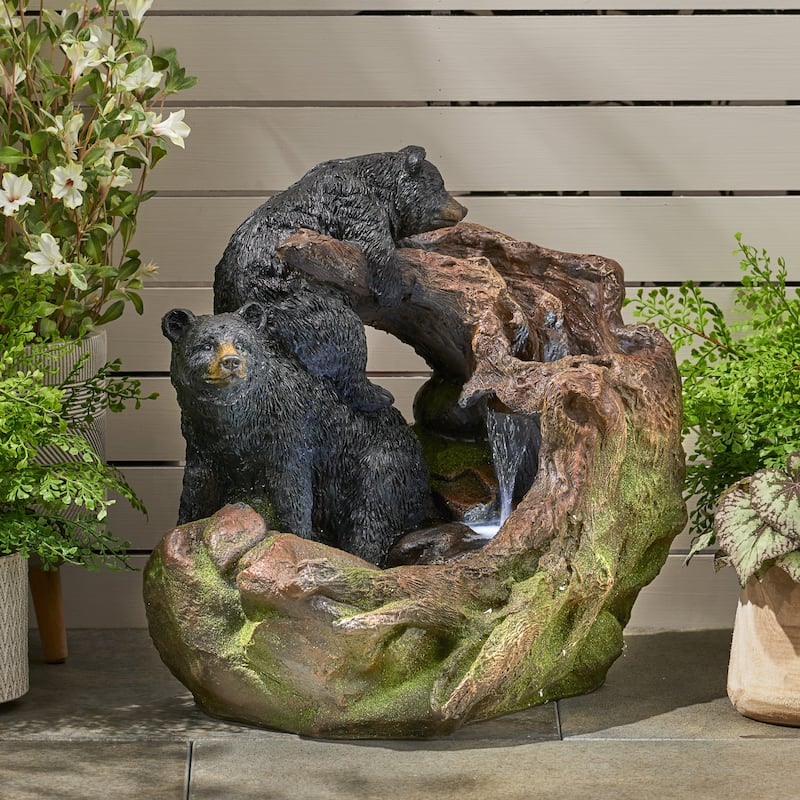 22.0" High Datona Fountain Outdoor Weather Resistant Floor Fountain With Light, Light Brown + Black