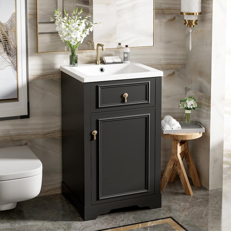 20-Inch Bathroom Vanity with Ceramic Sink, Soft Close Door, Adjustable Shelf, and Door-Mounted Storage Rack