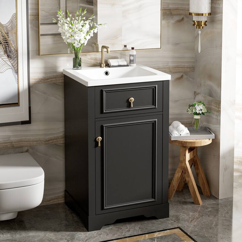 Small Bathroom Vanity with Ceramic Sink, Narrow Bathroom Cabinet with Soft Close Door, Storage Cabinet with Adjustable Shelf