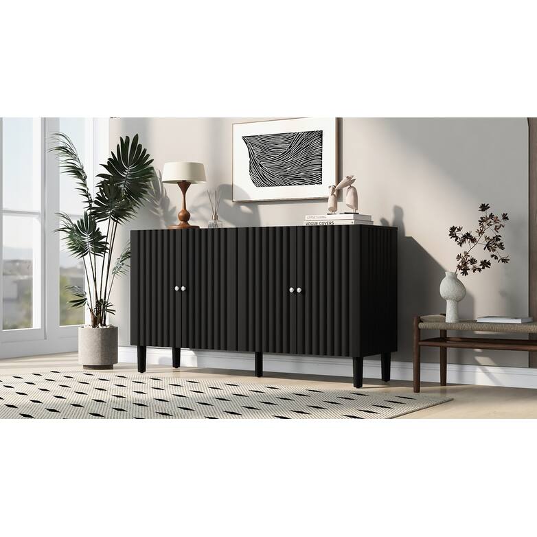 Anmytek Black Ribbed Sideboard Cabinet Modern Dining Room Storage with Four Textured Doors