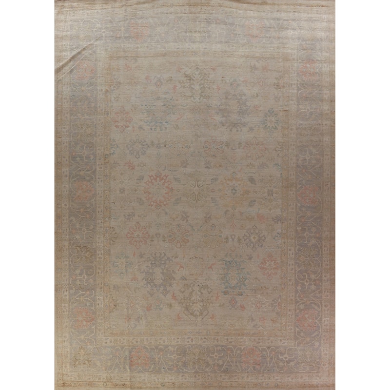 Hand Knotted Oriental 100% Wool Carpet Transitional All-Over Beige & Ivories Oushak Area Rug - 14' 9'' X 11' 4''