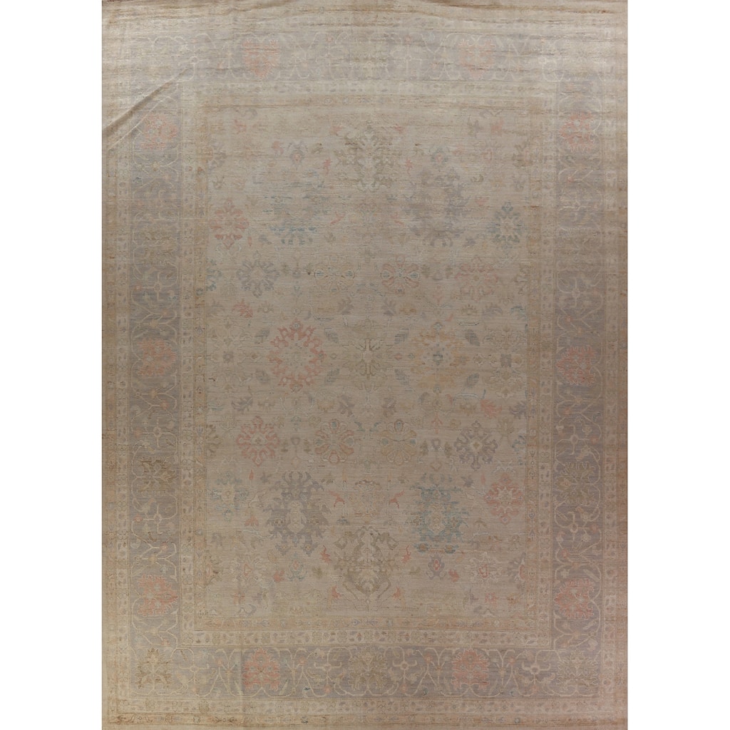 Hand Knotted Oriental 100% Wool Carpet Transitional All-Over Beige & Ivories Oushak Area Rug - 14' 9'' X 11' 4''