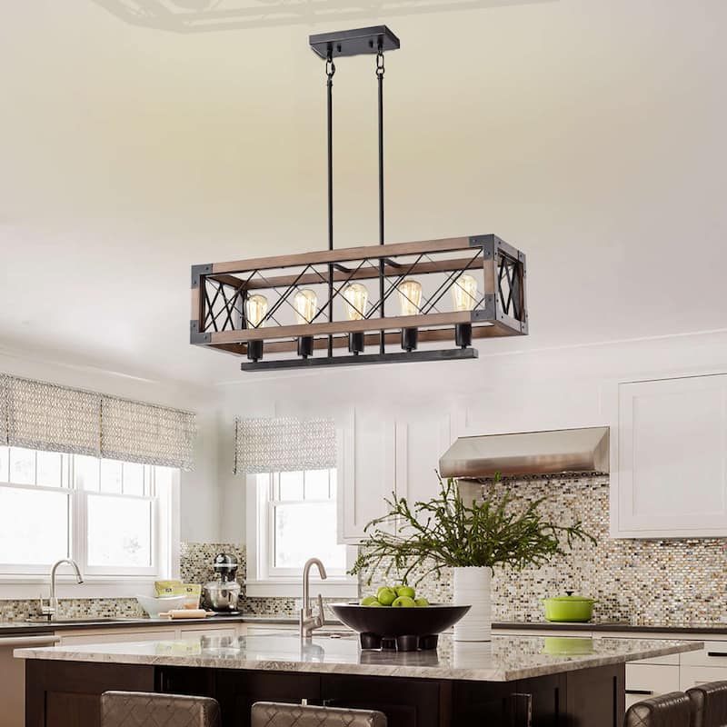 Aurora Antique Black Rectangular Metal and Natural Wood Chandelier