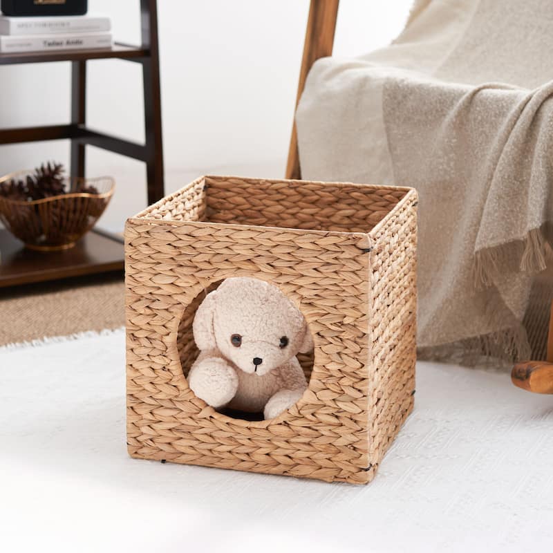 Gertrude Water Hyacinth Folding Woven Wicker Square Cat Bed Cave 13" - 13" x 13" x 13"