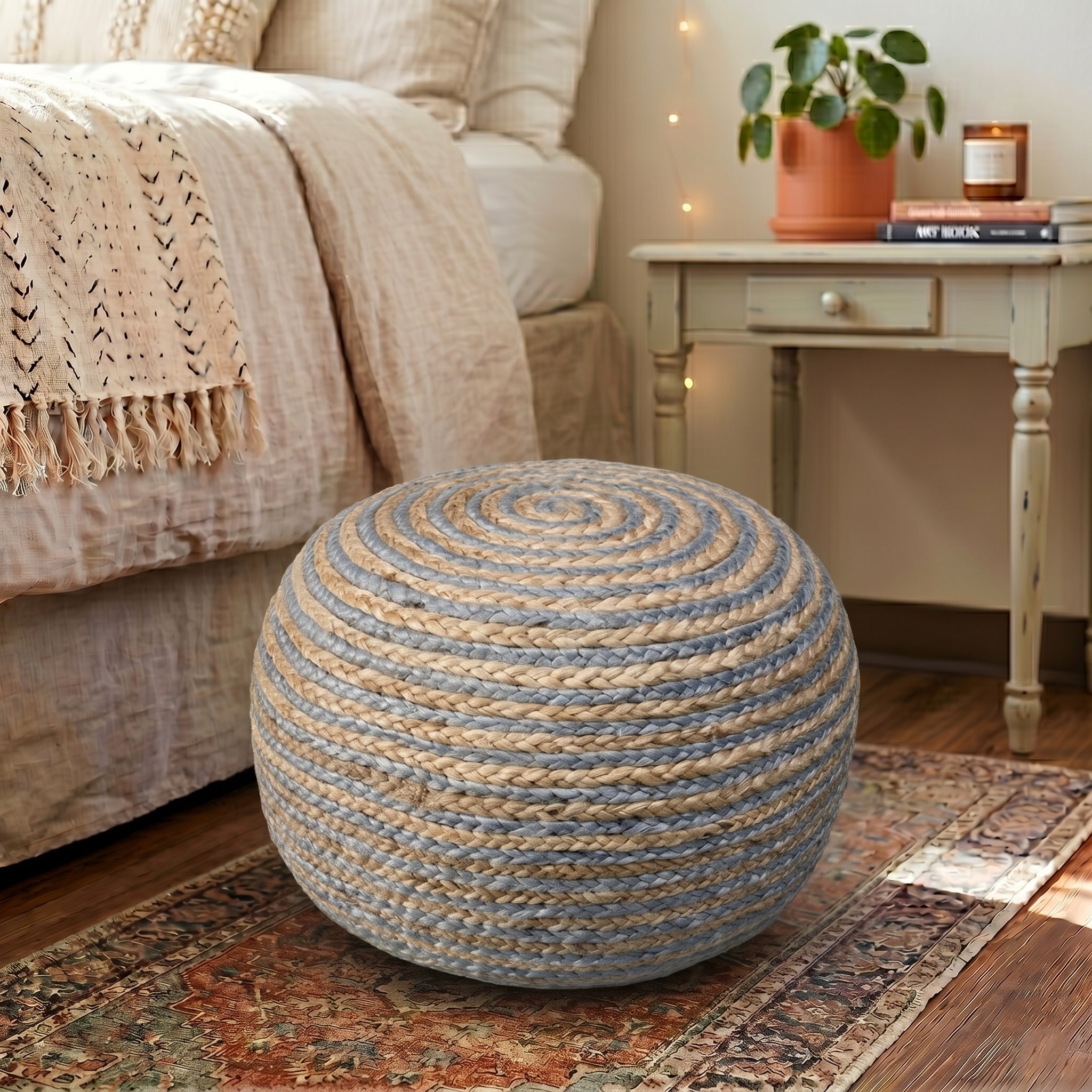 Ansel Boho Braided Jute Round Pouf Ottoman by Sevita