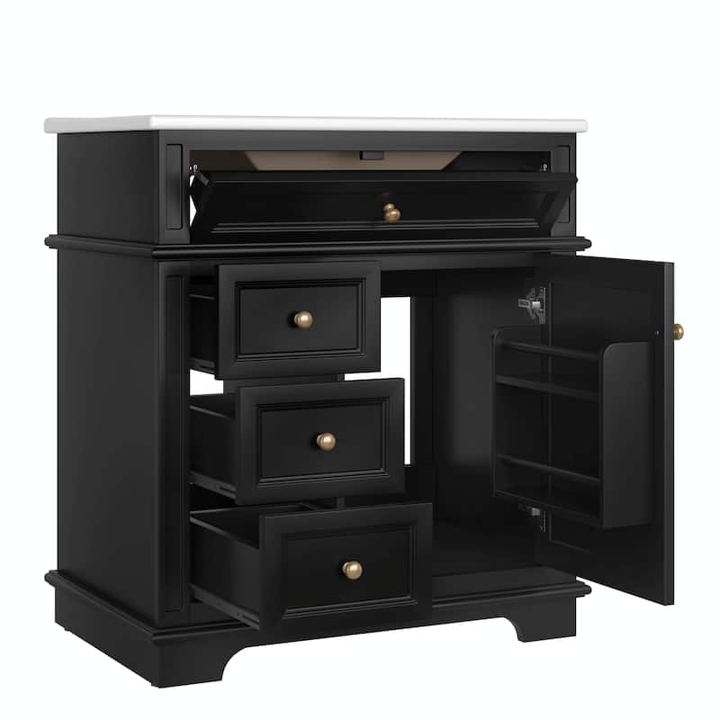 30" Bathroom Vanity with Sink, Tip-Out Drawer, Three Drawers, Door Shelf