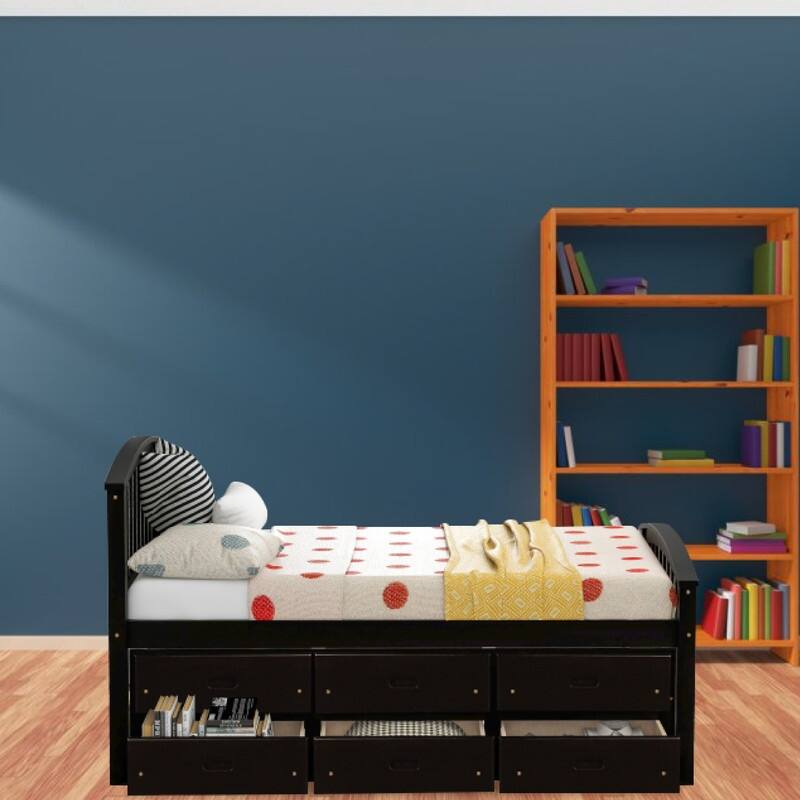 "6 Drawers twin frame Espresso shelf bed Solid Wood drawers in bed"