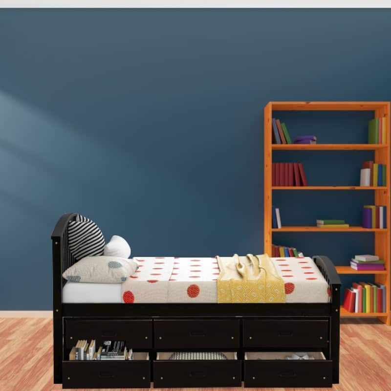 "6 Drawers twin frame Espresso shelf bed Solid Wood drawers in bed"