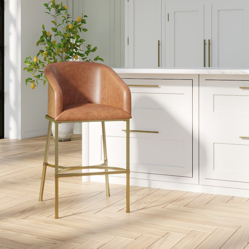 Hampton Modern Bar Stool, Faux Leather and Gold Finish Metal Frame