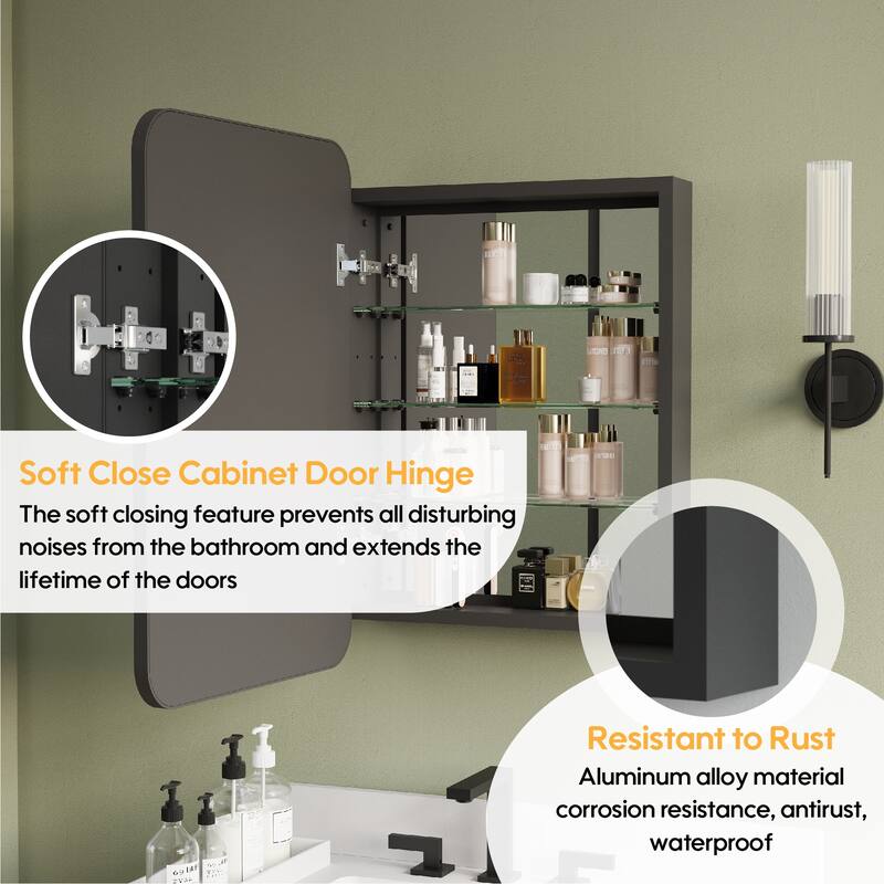 Recessed or Surface Wall Mount Bathroom Mirror Medicine Cabinet With Adjustable Glass Shelves