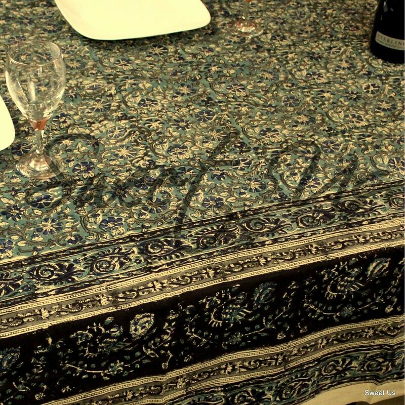 Block Print Cotton Vegetable Dye Dreamy Floral Tablecloth Rectangle
