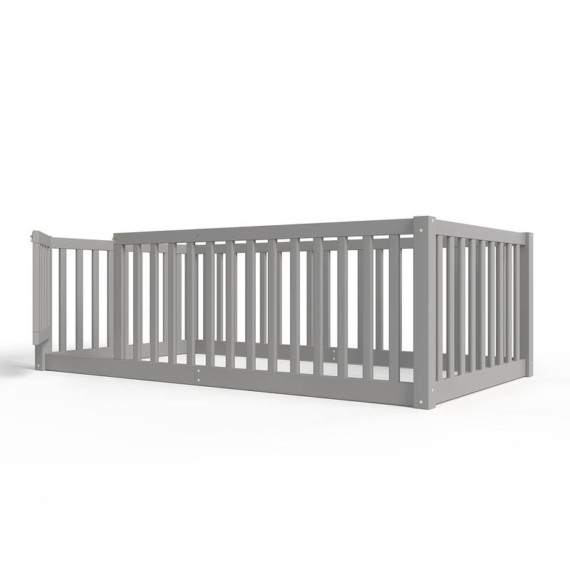 Montessori Floor Bed with Safety Guardrails & Door, Kids Low Profile Frame, Available in Queen/Full/Twin