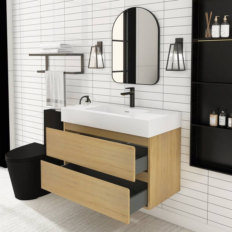 24/30/36 inch Wall-Mounted Bathroom Vanity Set in Oak with Integrated Resin Sink