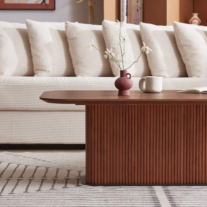 Modern Coffee Table Dining Table with Wood Top, End Table Accent Table with Stripe Frame & Smooth Lines
