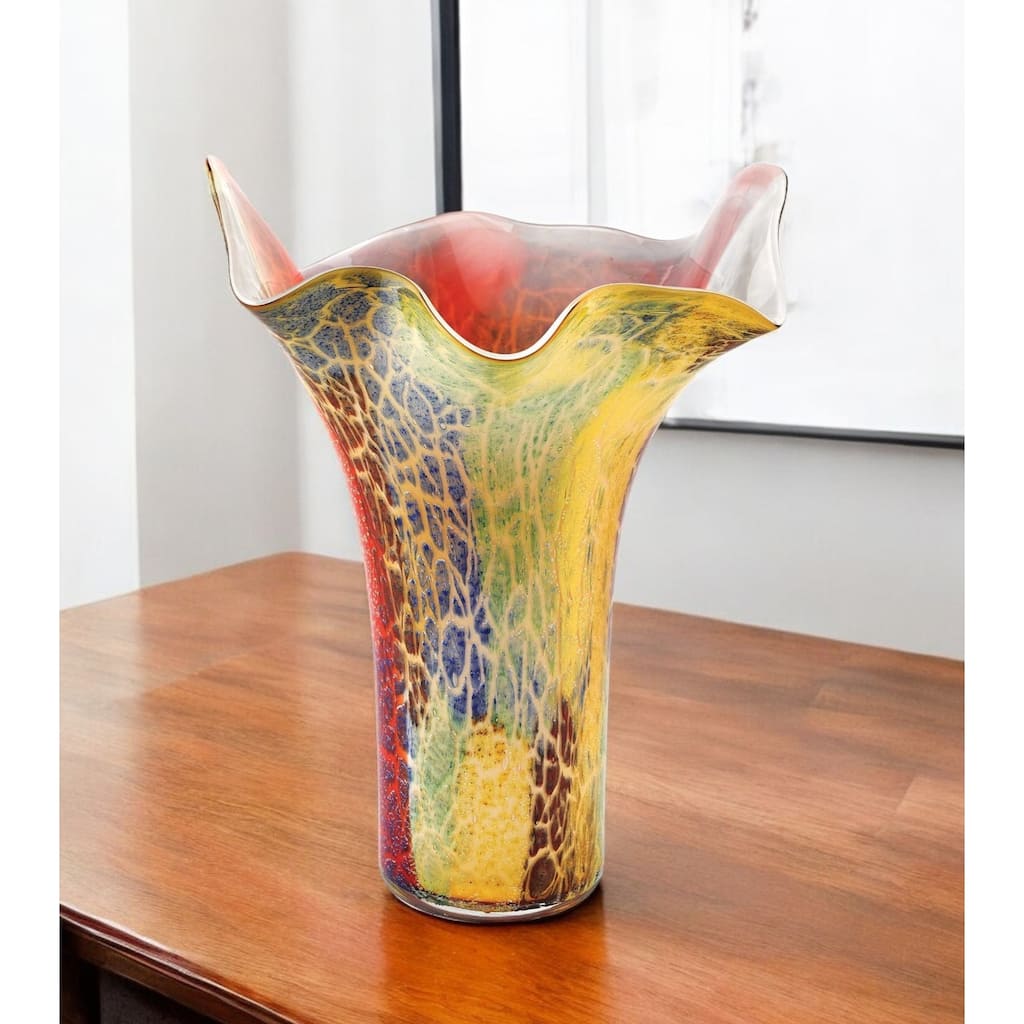 HomeRoots 17" Red and Yellow Glass Abstract Novelty Table Vase