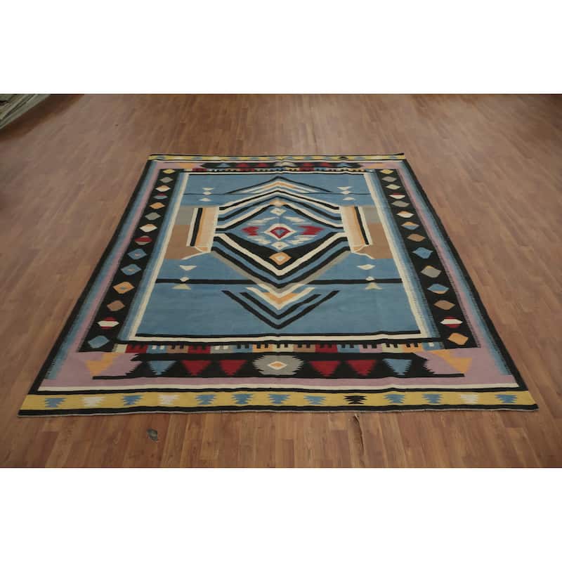 Hand Woven Oriental 100% Wool Carpet Southwestern Tribal Navy Blue & Blues Kilim Area Rug - 9' 8'' X 8' 3''