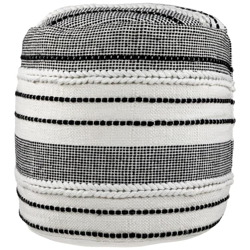 18" White and Black Striped Outdoor Woven Pouf Ottoman