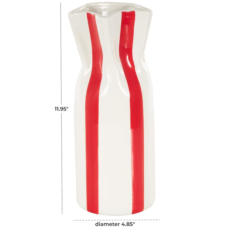 Ceramic Round Decorative Vase with Red or Teal Vertical Stripes - White - Roche River Decor