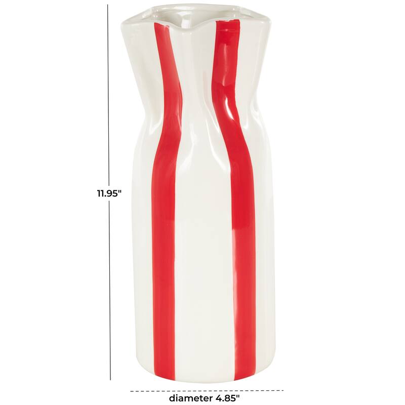 White Ceramic Round Decorative Vase with Light Teal or Red Vertical Stripes