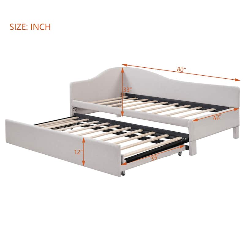 Roomfitters Twin Size Upholstered L-Shaped Daybed with Pop Up Trundle, Space Saving Fabric Sofa Bed Frame with Slats