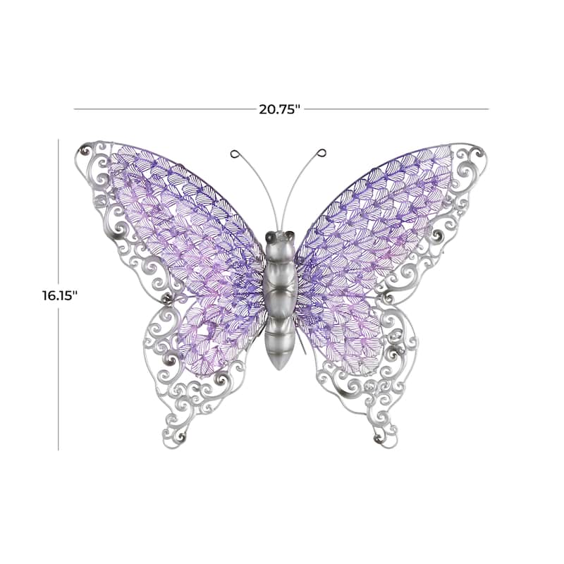 Iron Metal Eclectic Butterfly Wall Decor in Blue, Purple, or Green (16" H X 21" W)