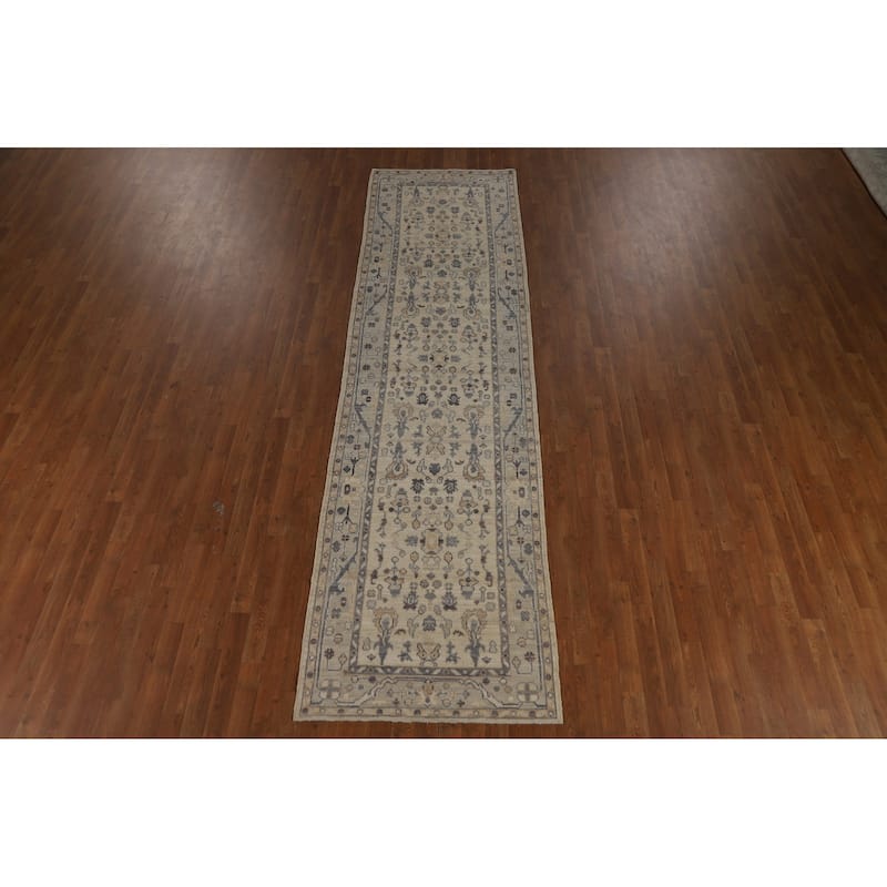 Vegetable Dye Beige Oushak Turkish Runner Rug Hand-Knotted Wool Carpet - 3'2" x 11'10"