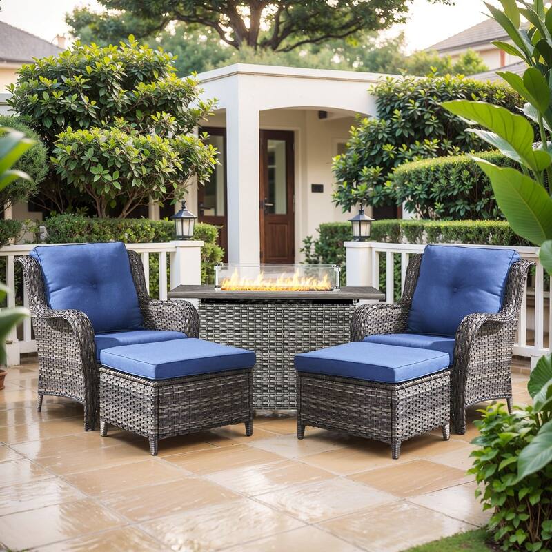 Fire Pit Table with Patio Chairs Ottomans Grey-Blue - Grey - Grey - Blue