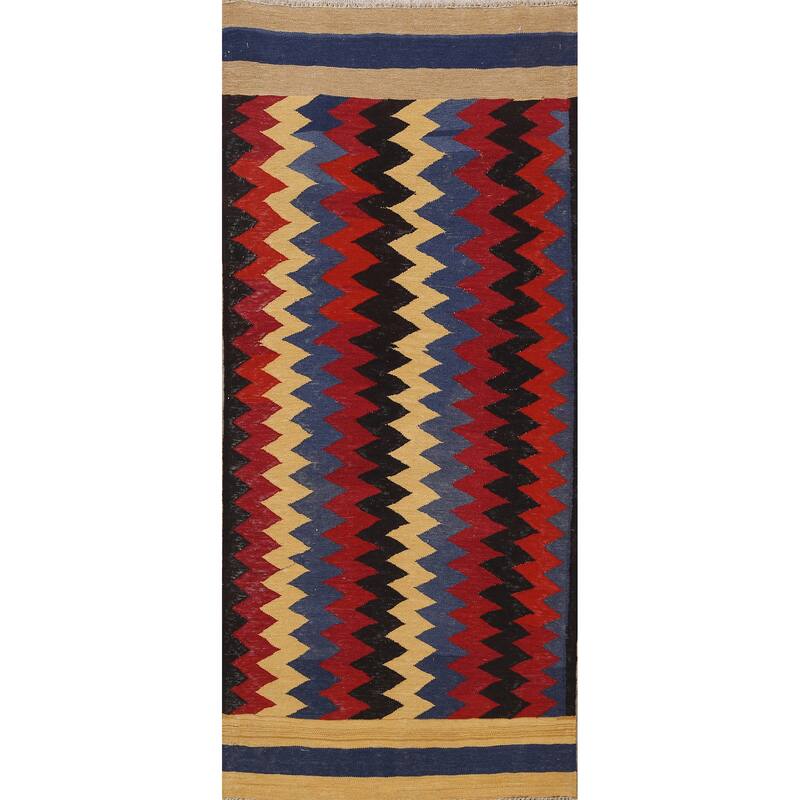 Flat-woven Geometric Chevron Kilim Oriental Hallway Runner Rug Wool - 3'1" x 6'7"