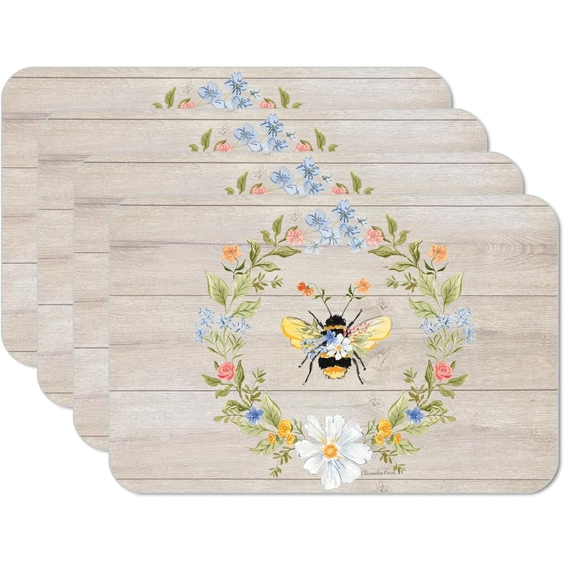 Floral Bee 4 Pack Reversible Easy Care Flexible Plastic Placemats Made in The USA BPA Free Easily Wipes Clean - Set of 4