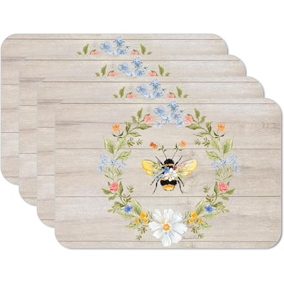 Floral Bee 4 Pack Reversible Easy Care Flexible Plastic Placemats Made in The USA BPA Free Easily Wipes Clean