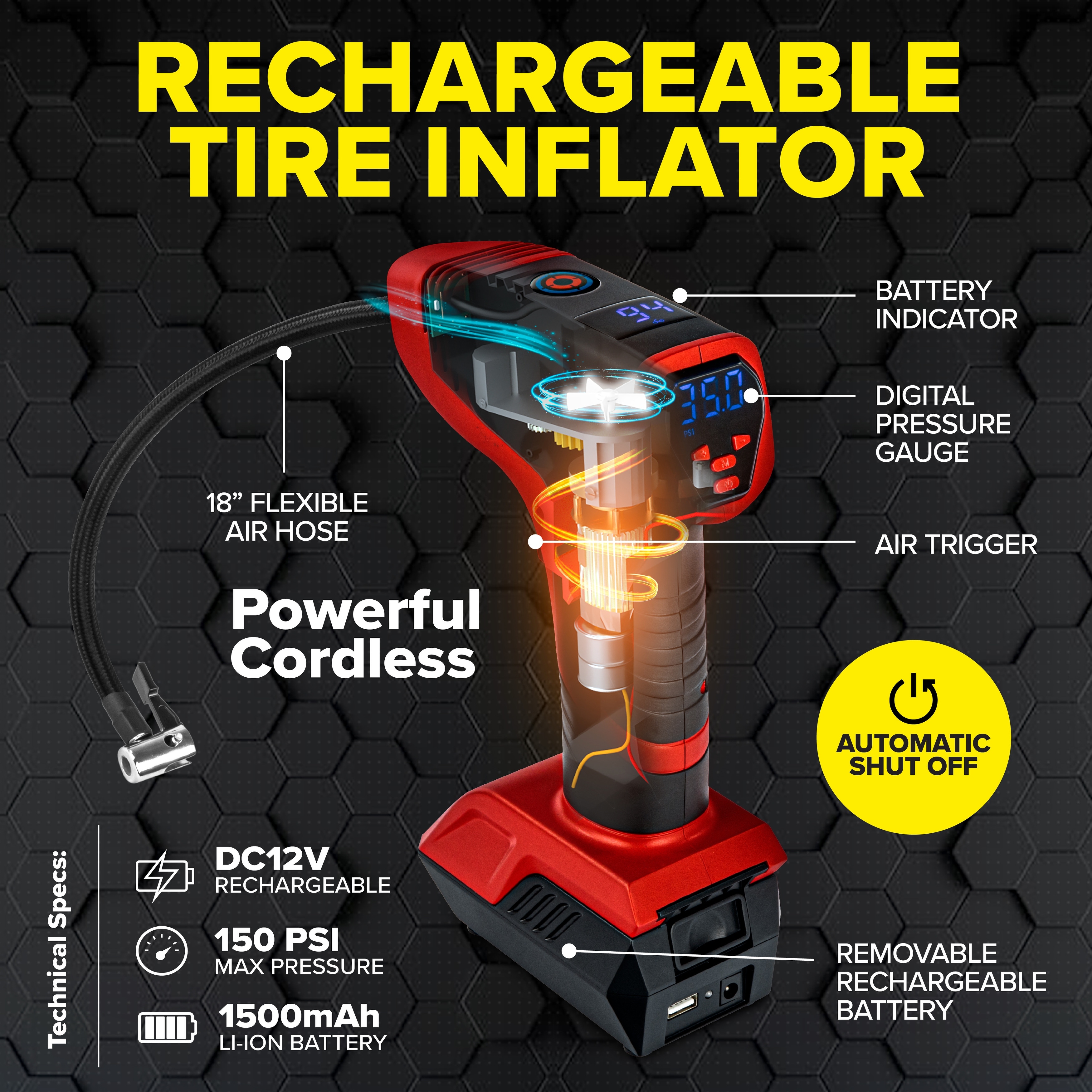 Bullseye Pro Portable Rechargeable Tire Inflator with Digital Pressure Gauge Bed Bath Beyond 39684518