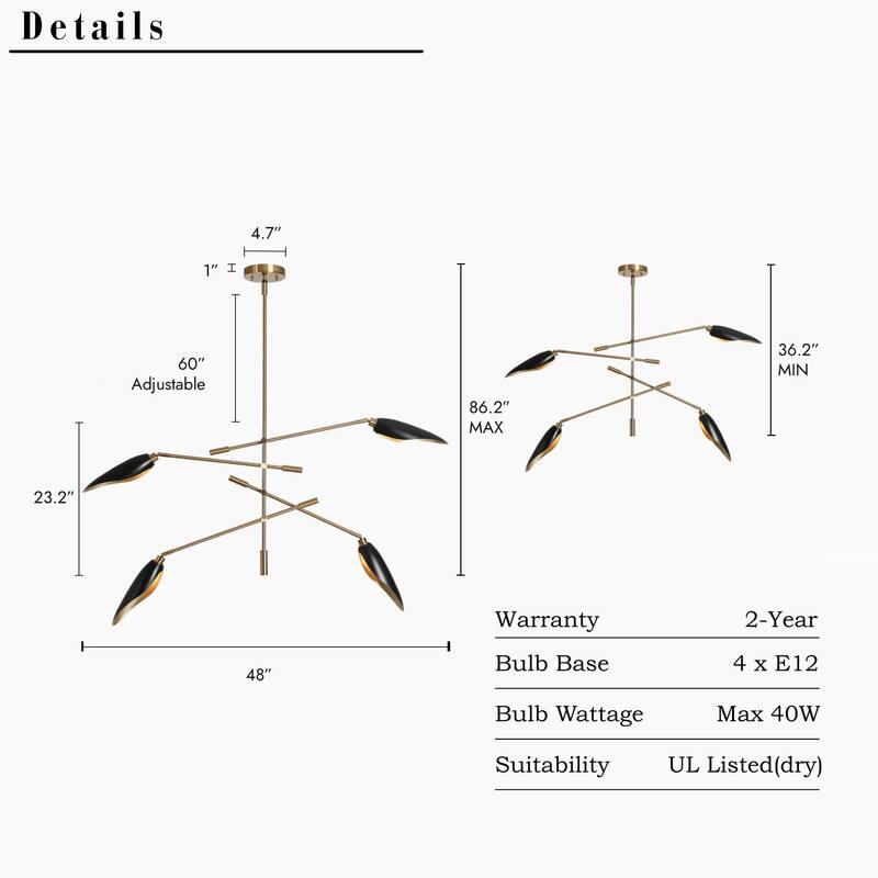 Modern Multi-Light Large Black Gold Sputnik Chandelier Metal Pendant Lights for Dining Room