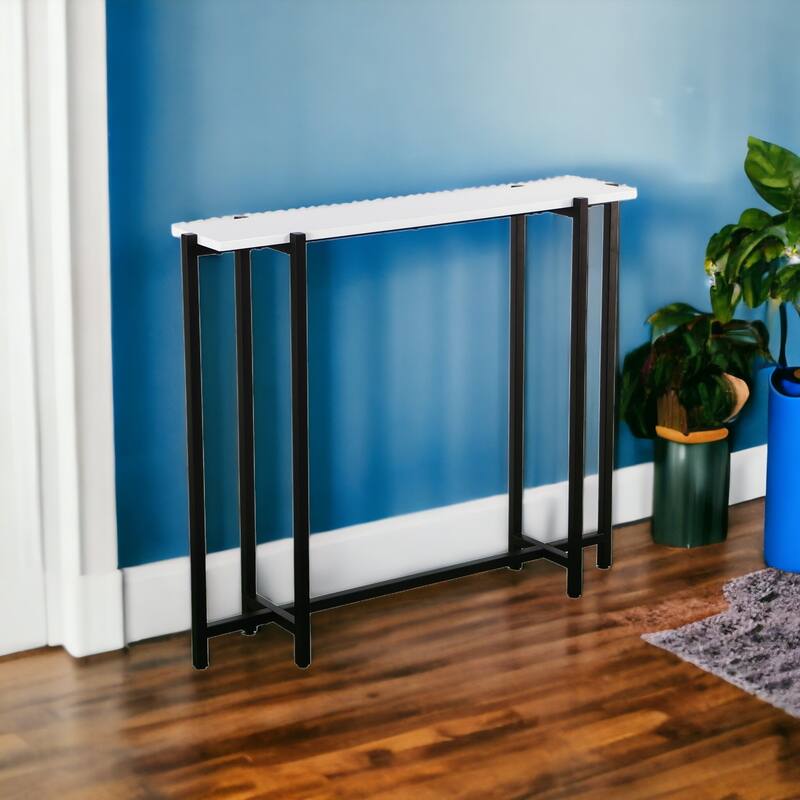 White Wood Black Metal Console Table Rectangular Frame Base Glossy - 36" L x 8" W x 29.75" H