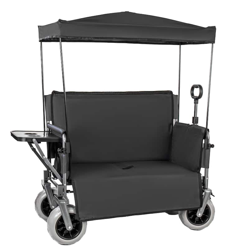 3-in-1 Collapsible Wagon,Convertible Folding Cart with Canopy &Rear-Mounted Folding Tabletop, 500lbs Heavy-Duty, 180L Capacity - Black