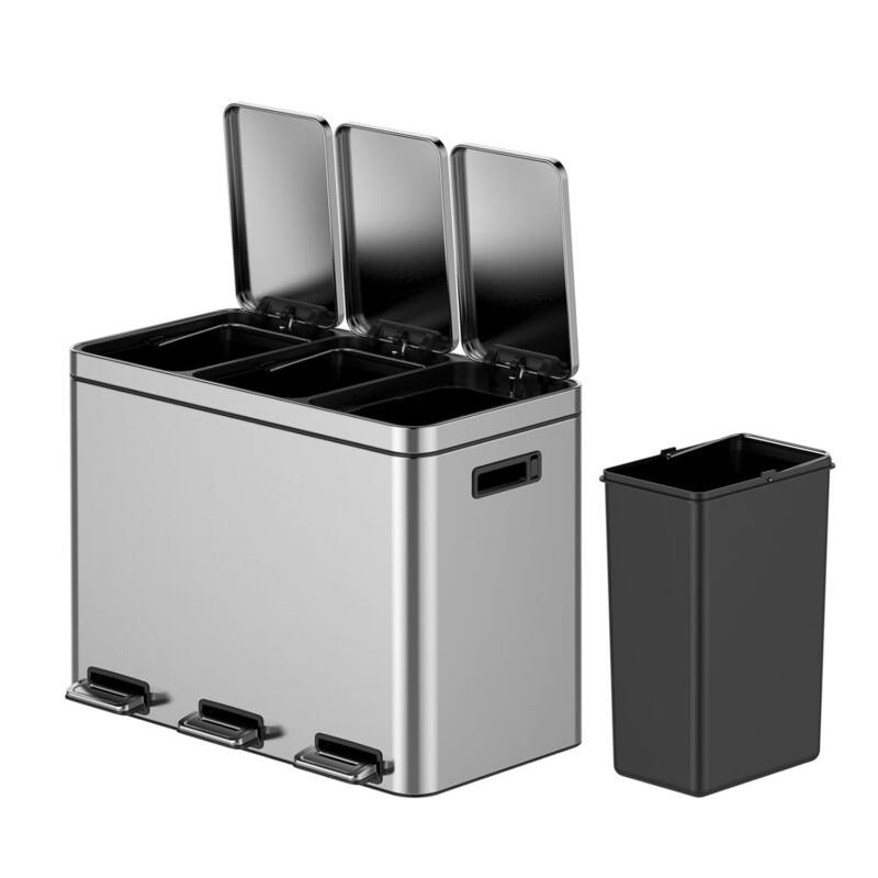 Three Compartment Stainless Steel Trash Can, 3 x 4 Gal (3 x 15L) Garbage Can for Kitchen Office - 45L